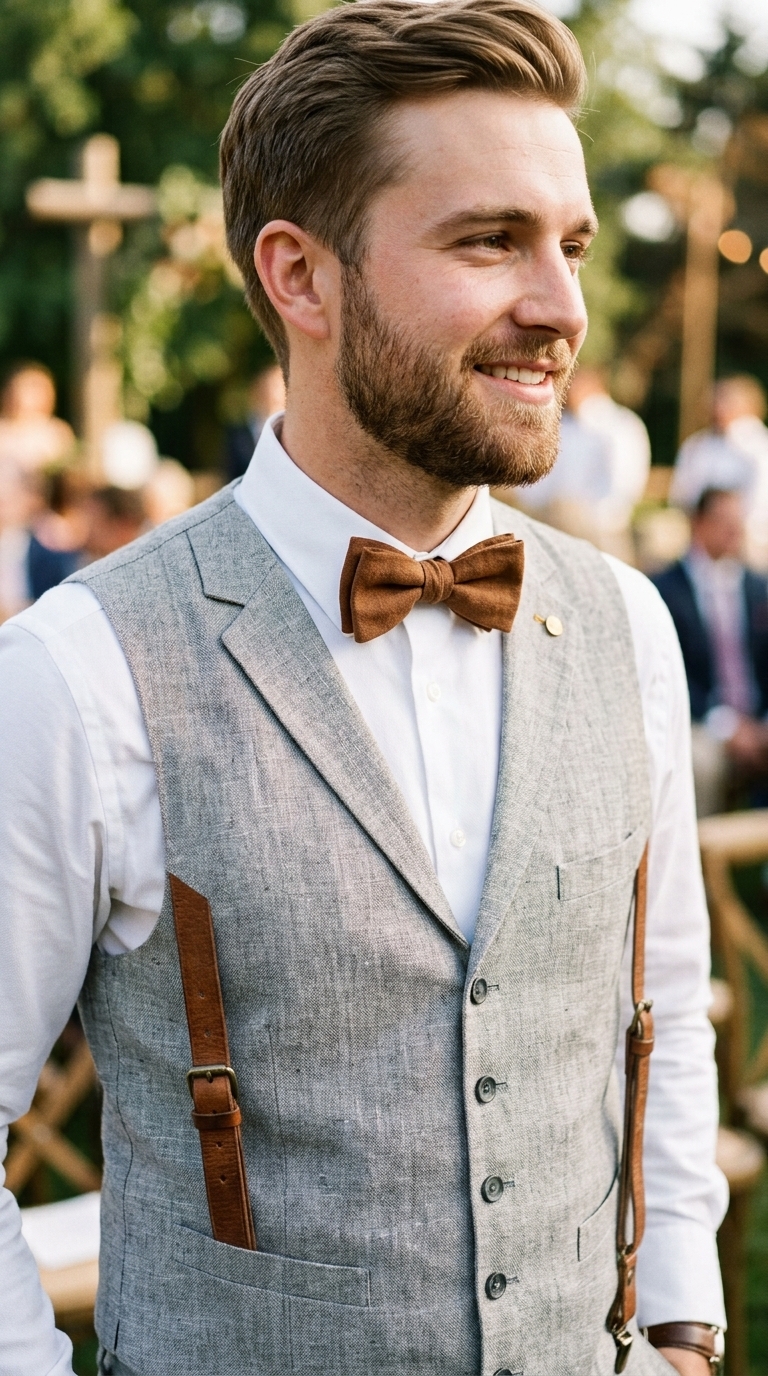 10. Grey Linen with Suspenders & Bow Tie