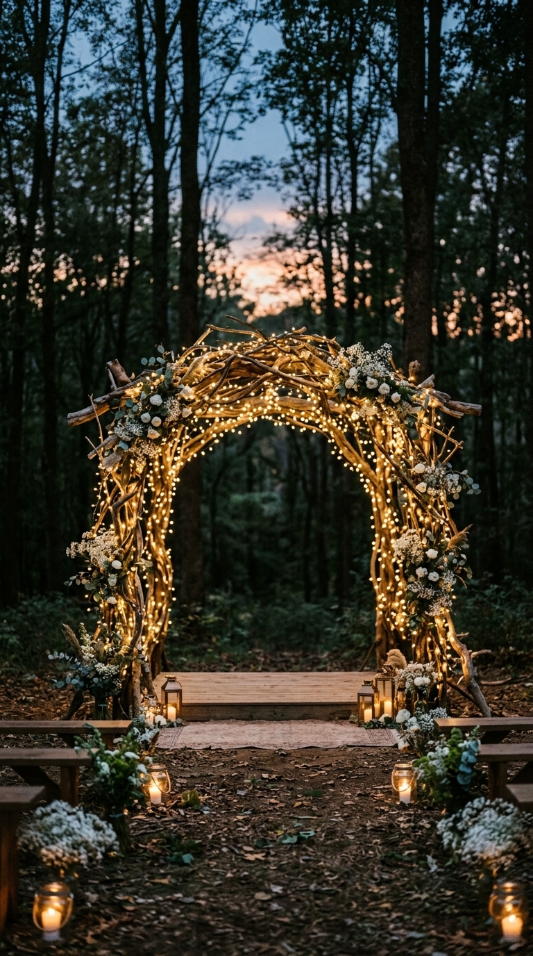 4. Whimsical Branch and Fairy Light Arch
