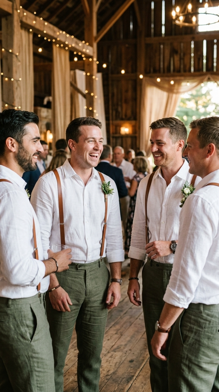 6. Crisp White Linen Shirts with Earthy Trousers