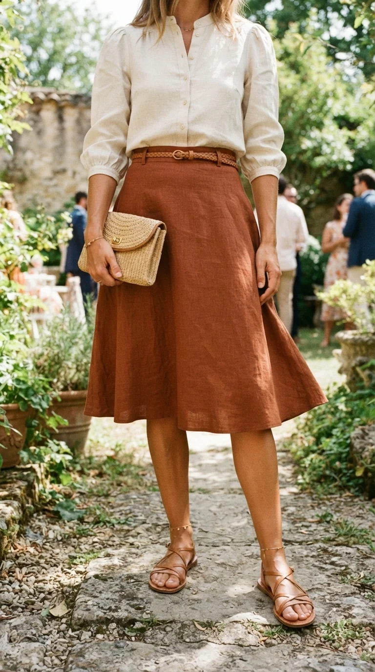 10. Earthy Toned Linen Skirt & Blouse