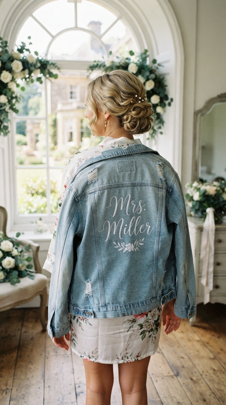 12. Personalized Bridal Denim Jackets Over Robes