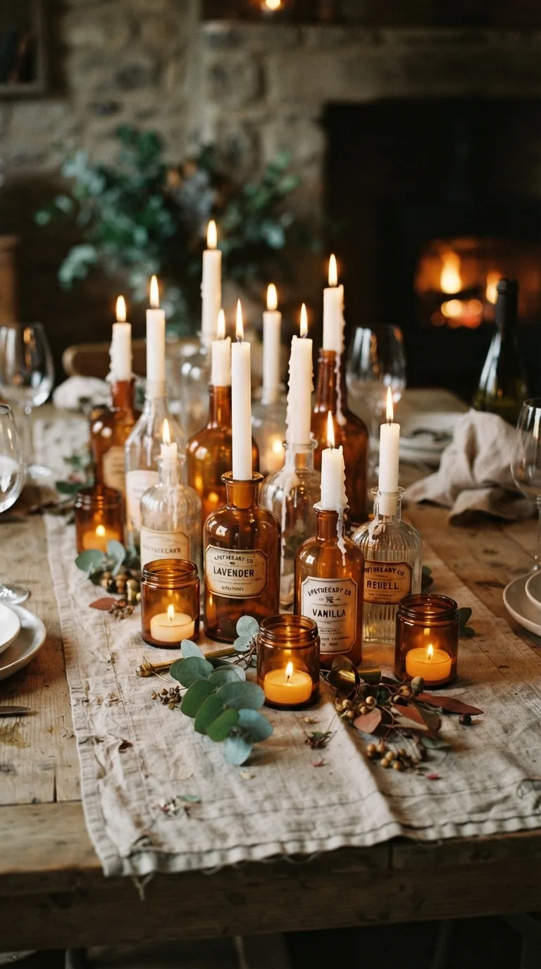 2. Repurposed Glass Bottles & Jars as Candle Holders
