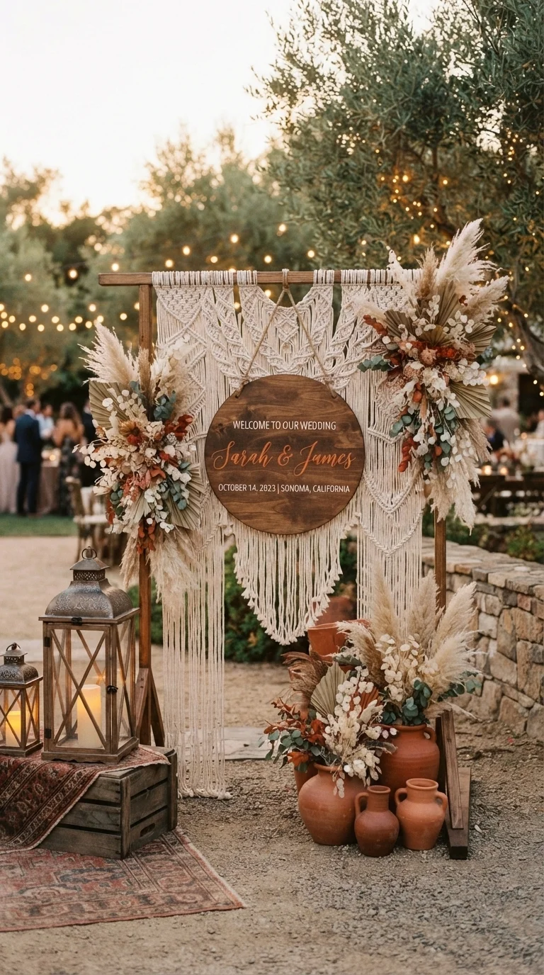4. Boho Macrame & Dried Palm Fan Display