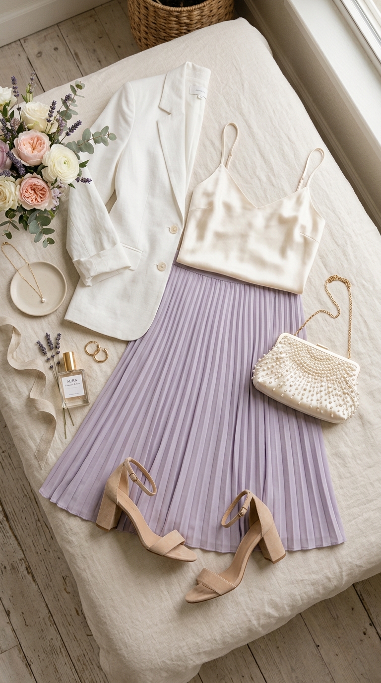 4. Mix & Match Charm: Pastel Pleated Skirt & Blouse