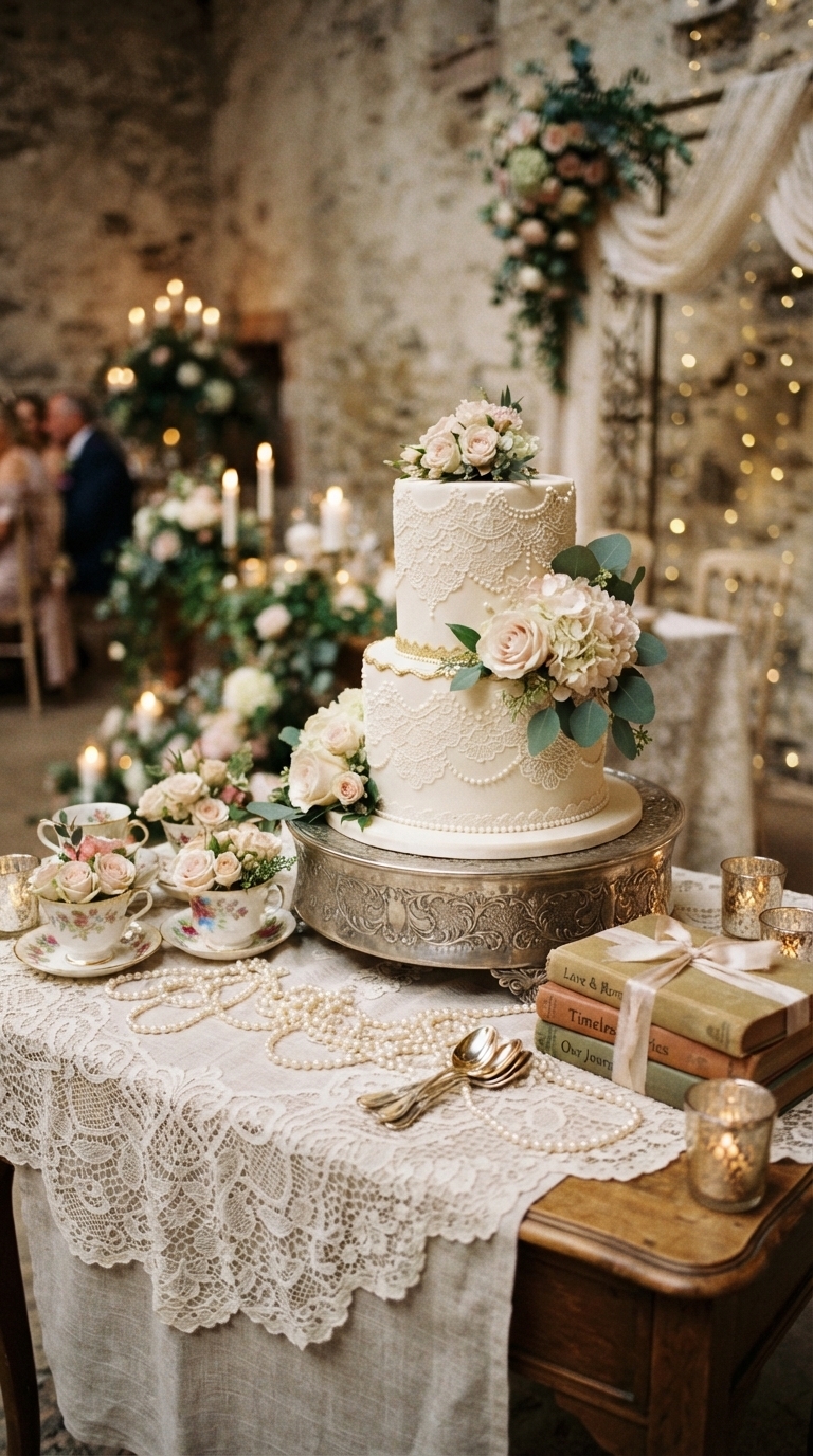 4. Vintage Romance with Lace and Pearls