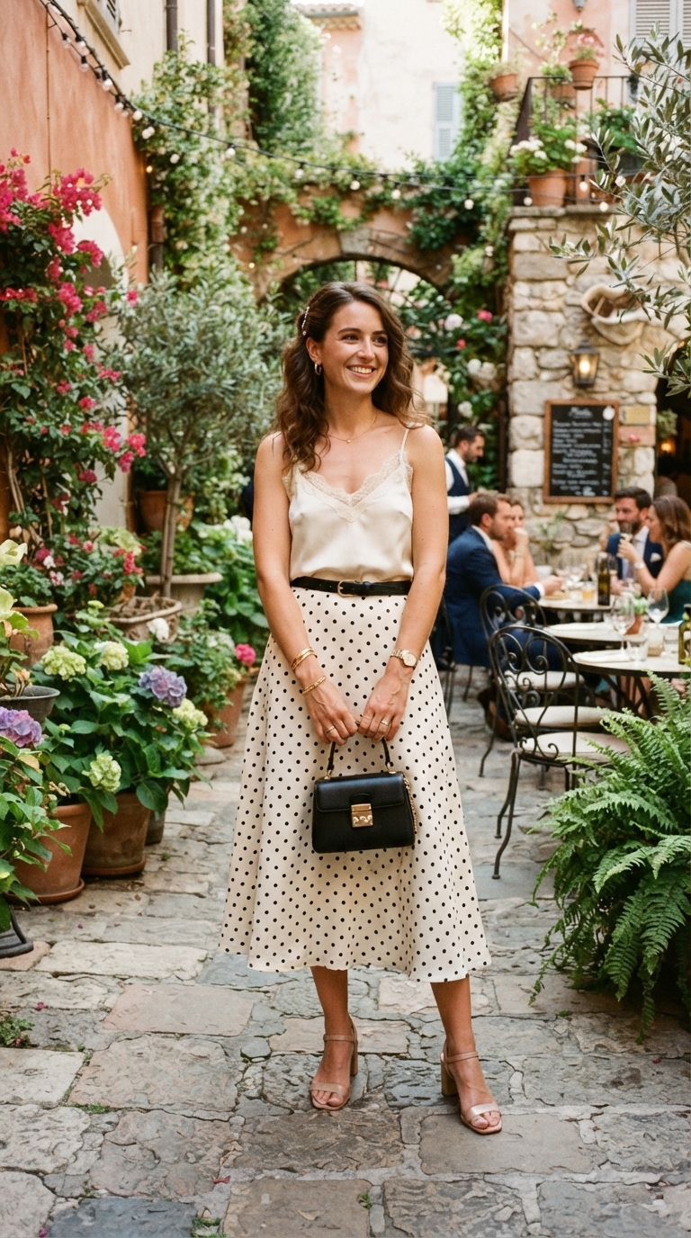 5. Playful Polka Dot Midi Skirt with a Silk Blouse