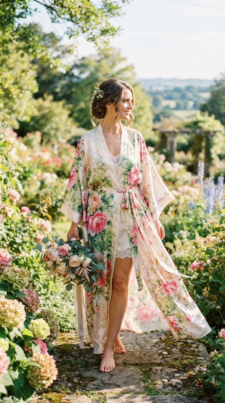 6. Elegant Floral Print Robes for a Garden Wedding