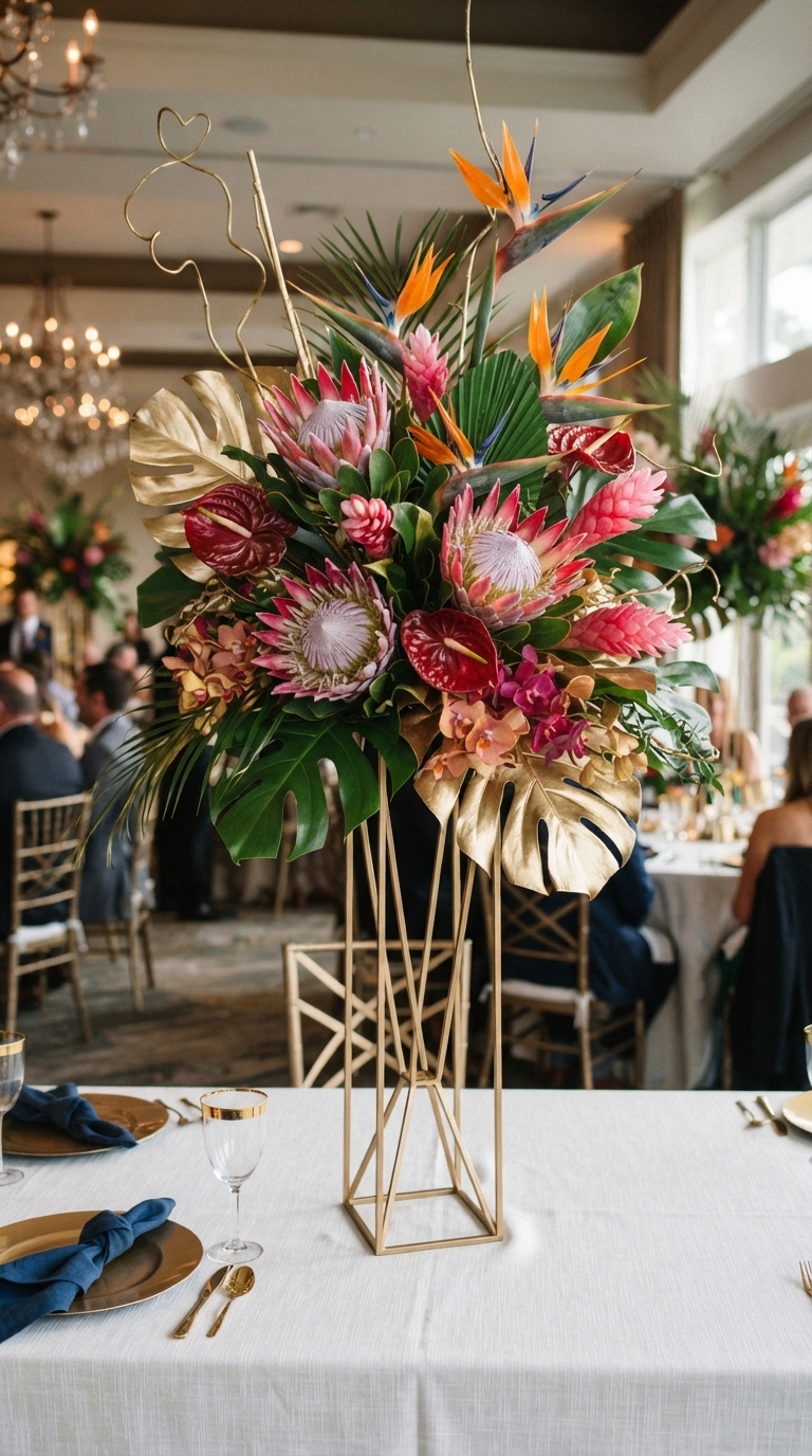 6. Elevated Tropical Centerpieces with Metallic Accents