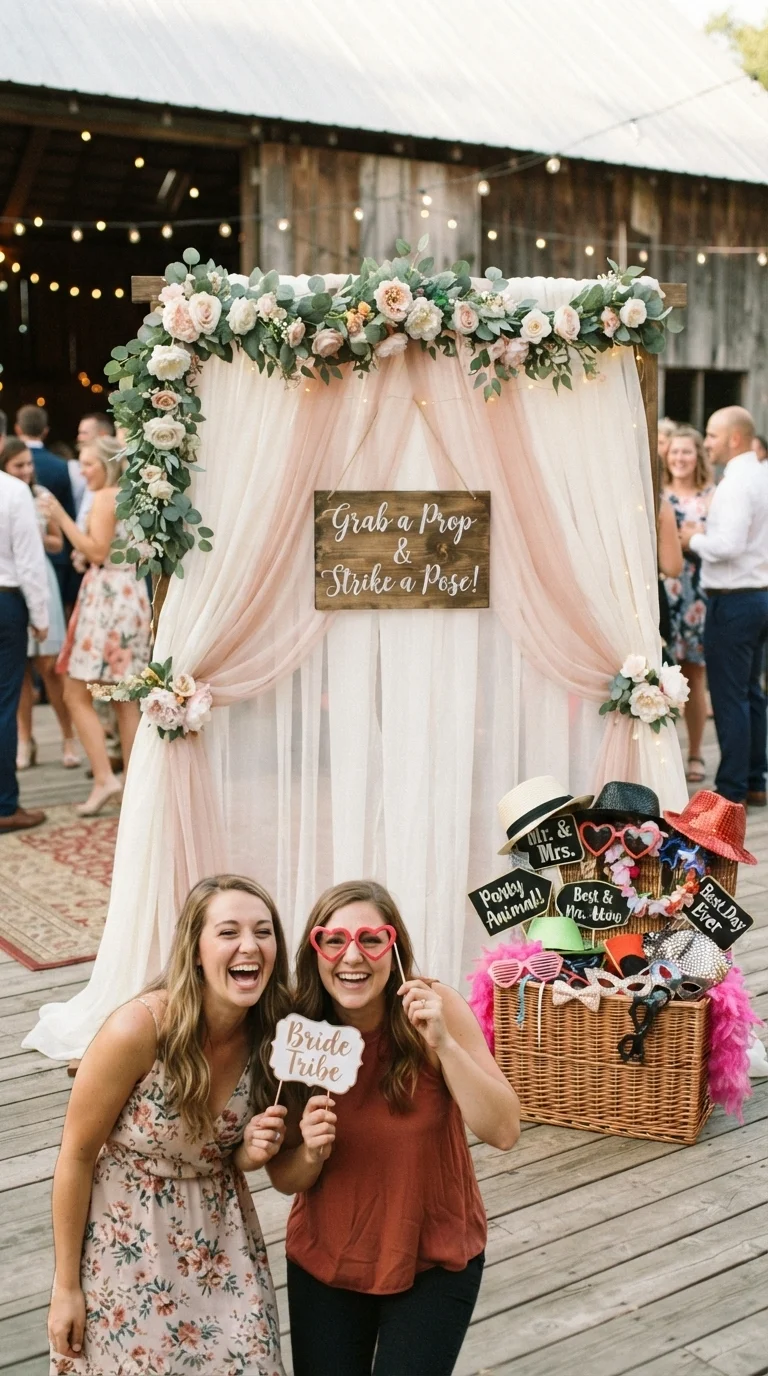 7. DIY Photo Booth Backdrop with Fabric & Props