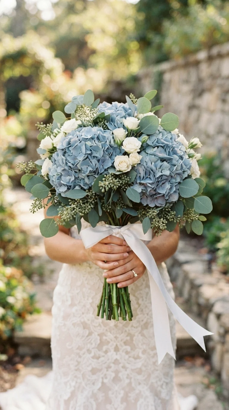 9. Dusty Blue Hydrangea & Silver Dollar
