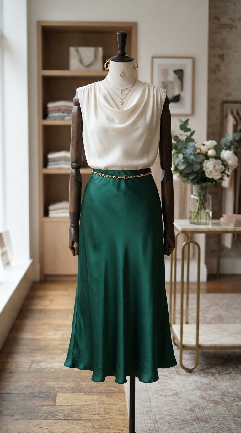 9. Satin Midi Skirt with a Silk Blouse