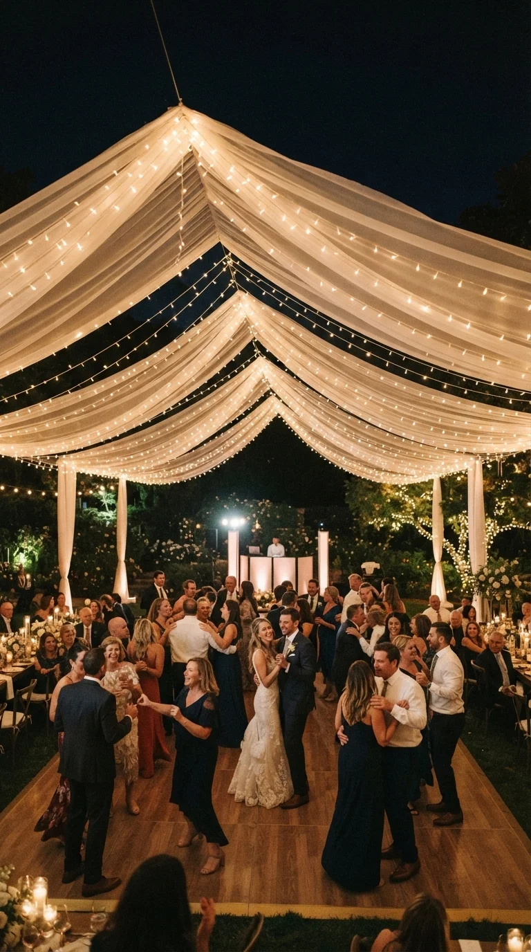 9. String Lights & Sheer Fabric Draping
