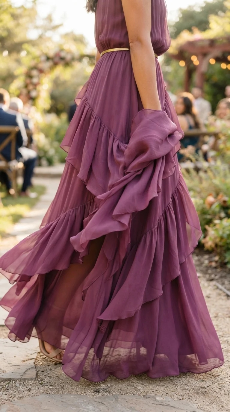 3. Float into Romance with Ruffled Plum Details
