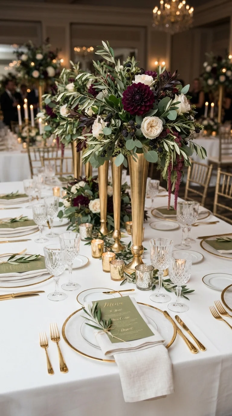 3. Gilded Gold & Plum Dahlia Centerpieces