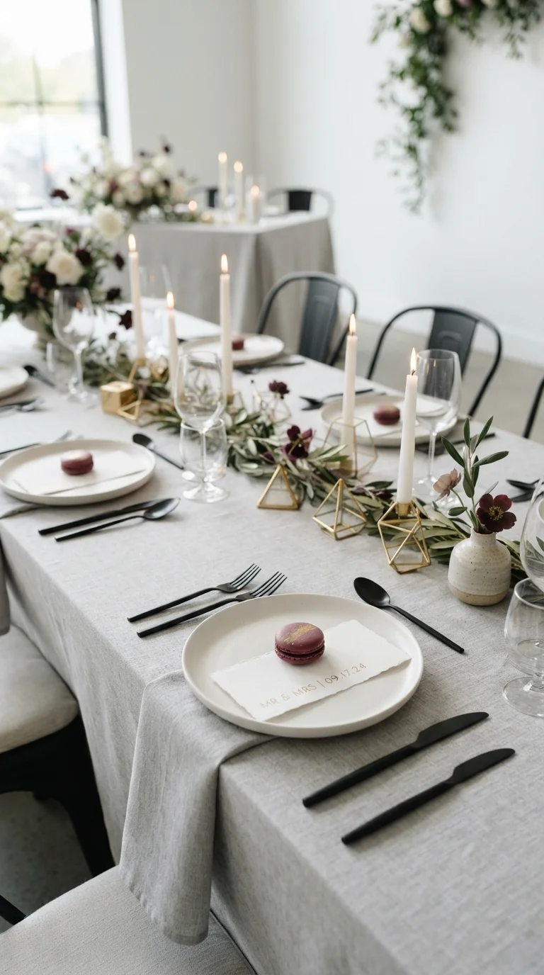 4. Modern Minimalist with Plum & Olive Details