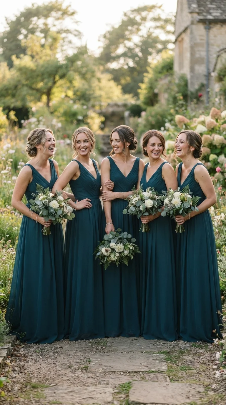 Bridesmaids in Midnight Teal Dresses