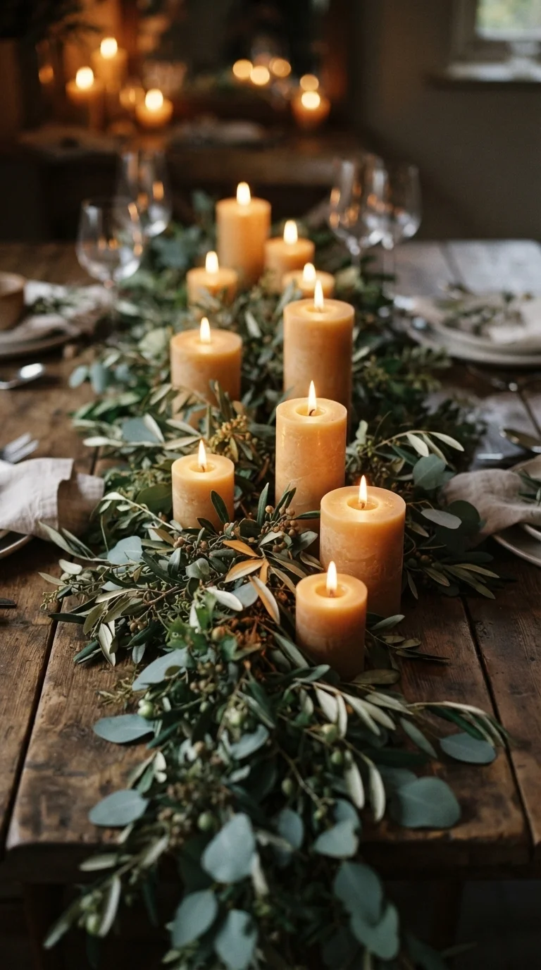 Candles and Olive Greenery Displays