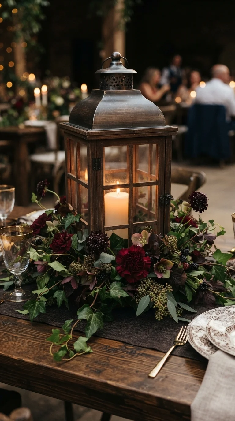 Dark Wood Lanterns with Merlot Accents
