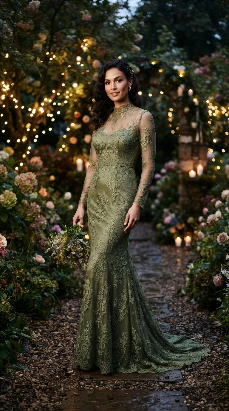 Elegant Olive Lace Gown