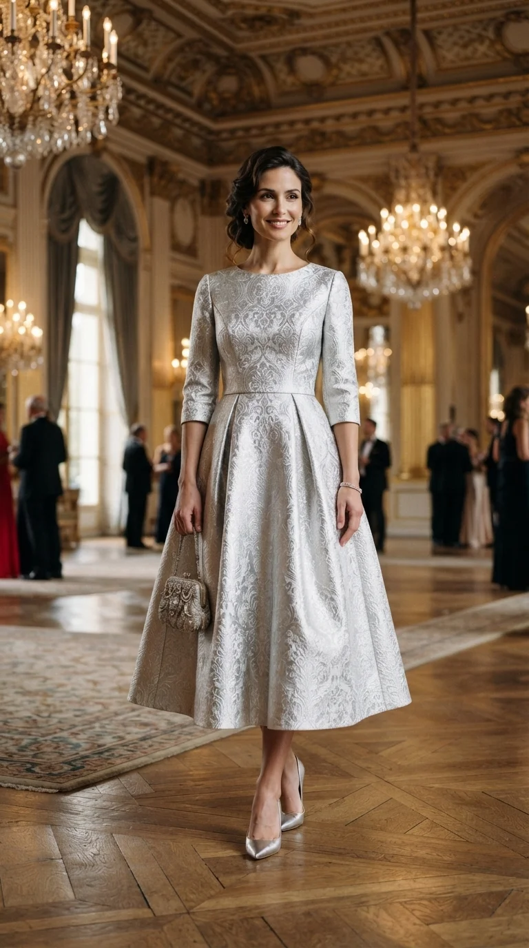 Elegant Silver Brocade Midi Dress