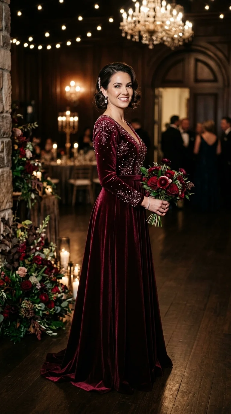 Embellished or Beaded Merlot Gown