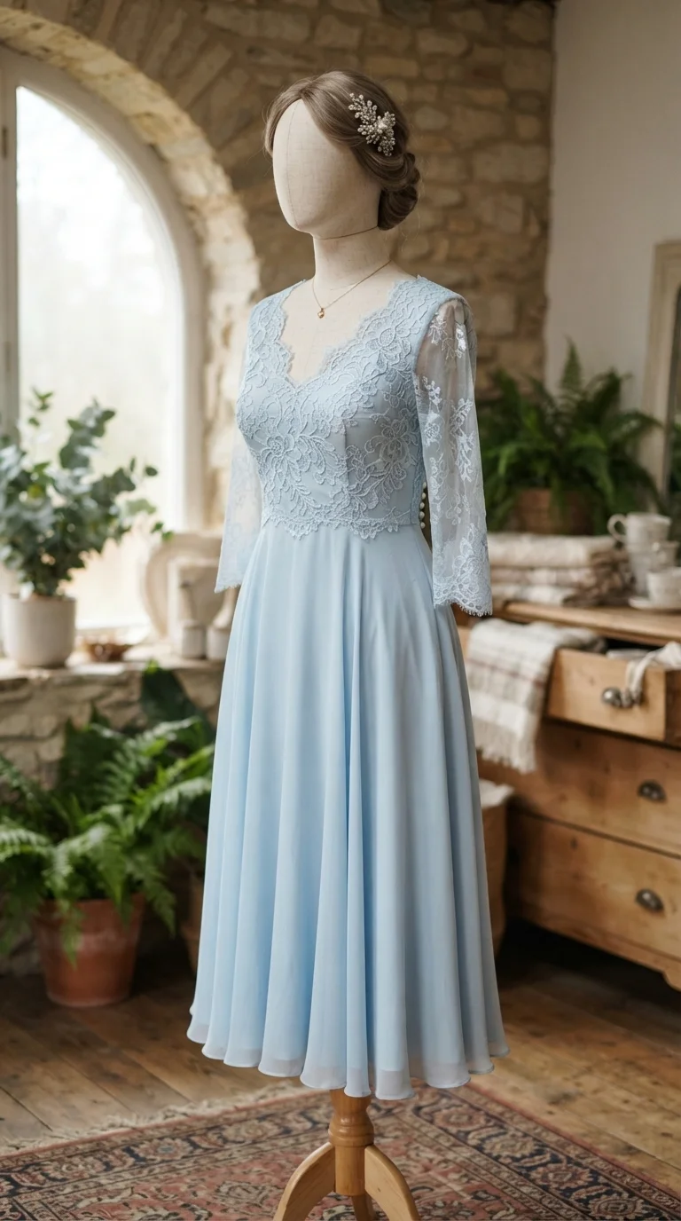 Lace Overlay Midi Dress with Sheer Sleeves