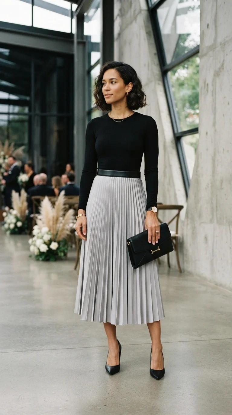 Matte Silver Pleated Skirt with a Chic Top