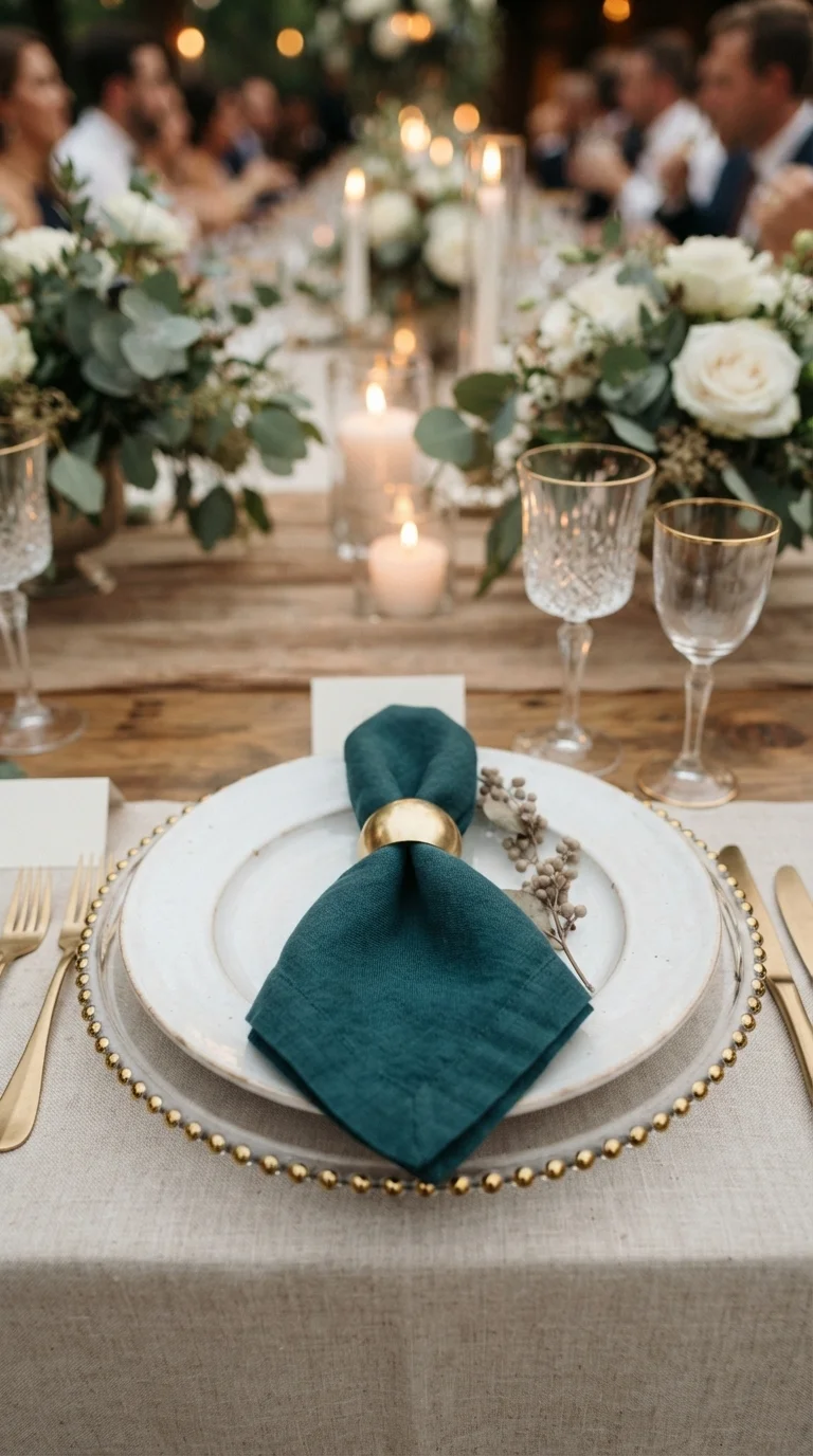Midnight Teal Napkins with Gold Rings
