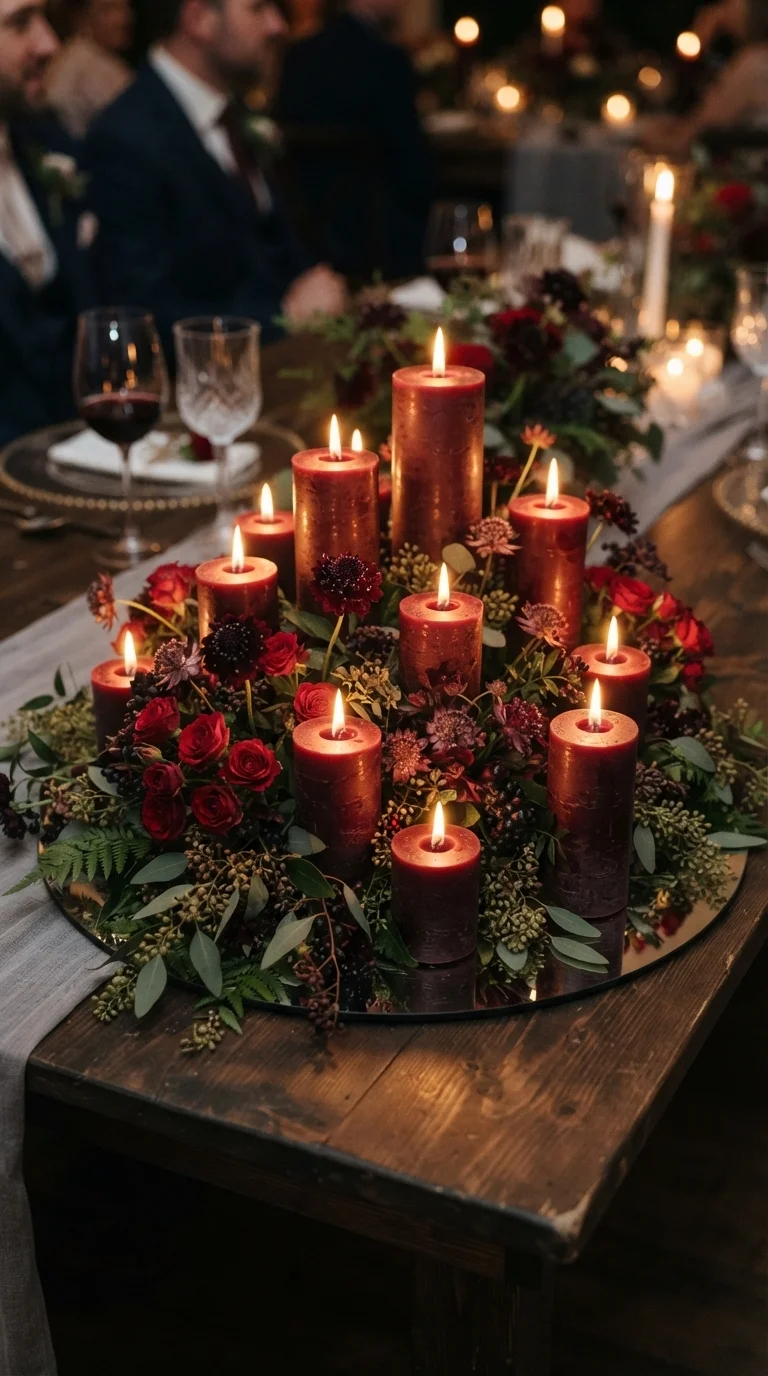 Mixed Height Pillar Candles with Merlot Flowers