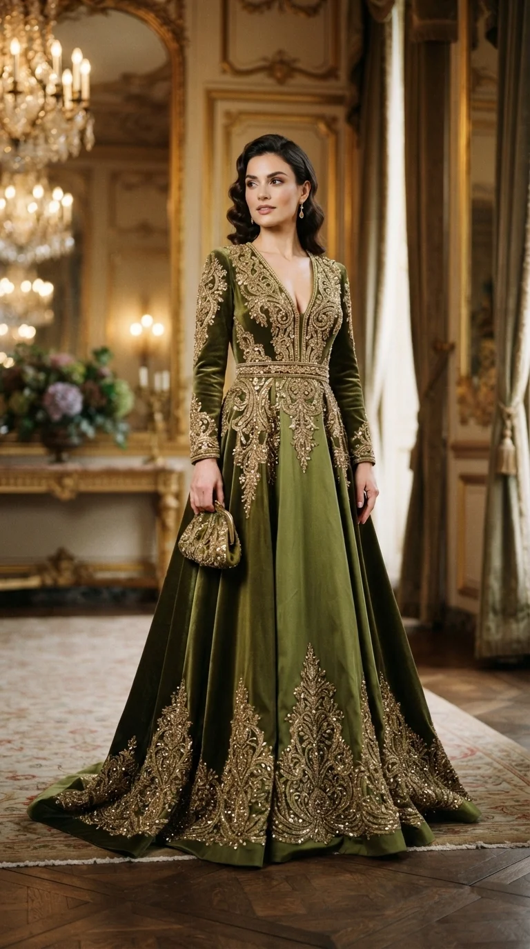 Olive Green Embroidered Gown