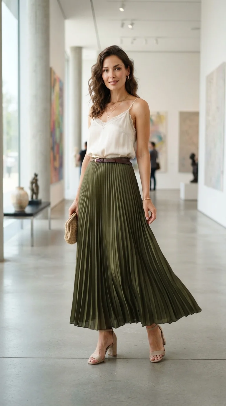 Olive Pleated Maxi Skirt and Top