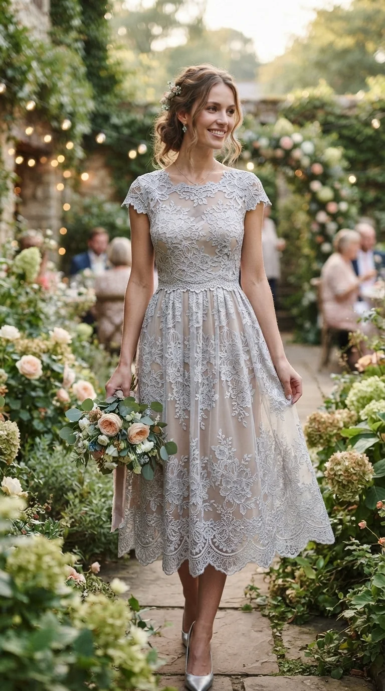 Romantic Silver Lace Overlay Dress
