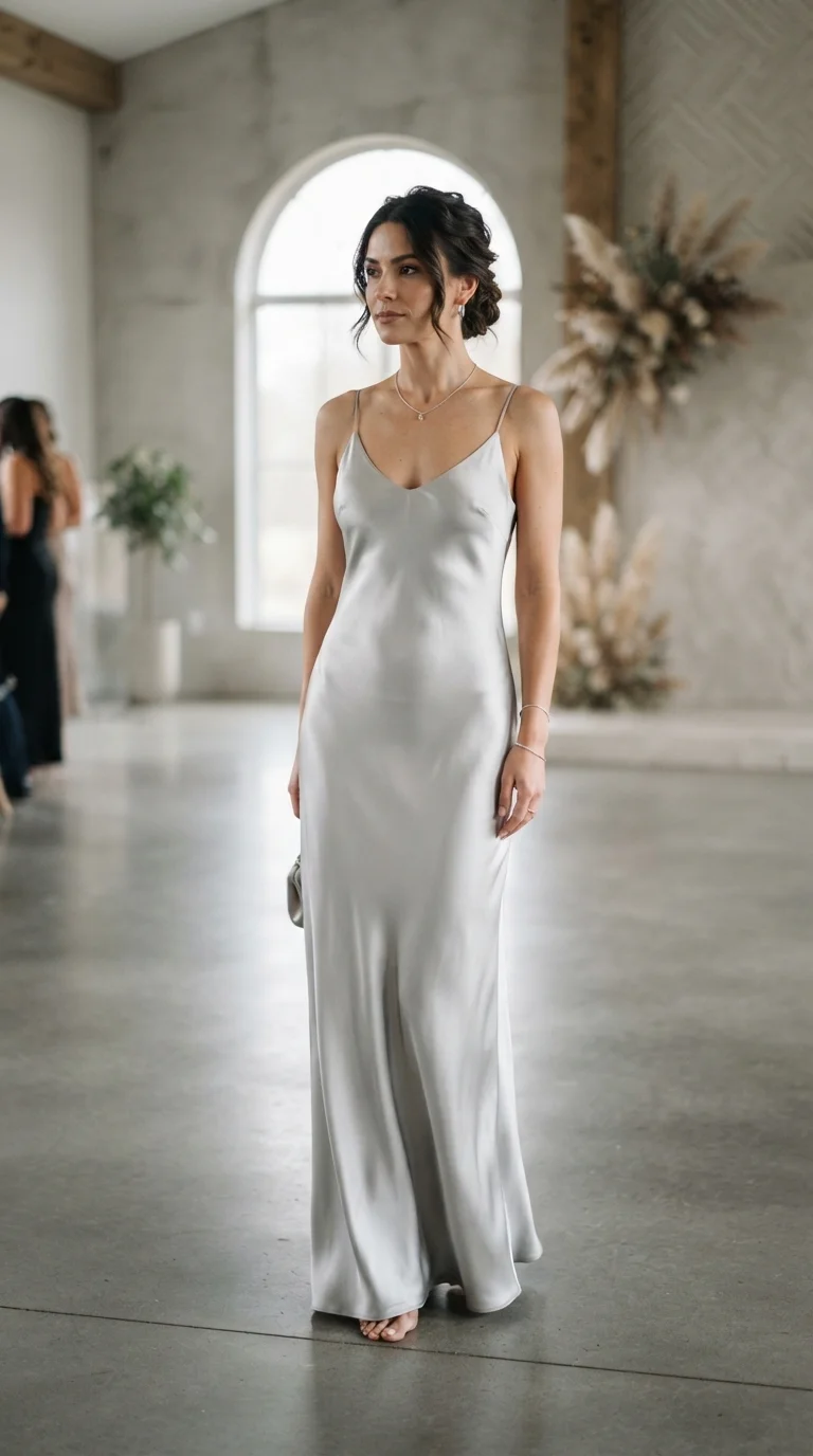 Sleek Silver Slip Dress with Minimalist Accessories