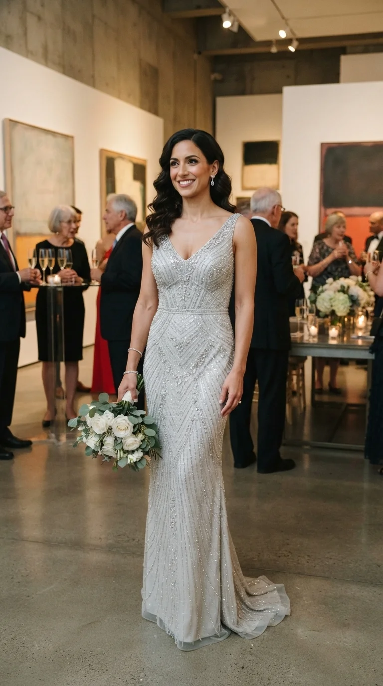 Sparkling Embellished Silver Sheath Dress
