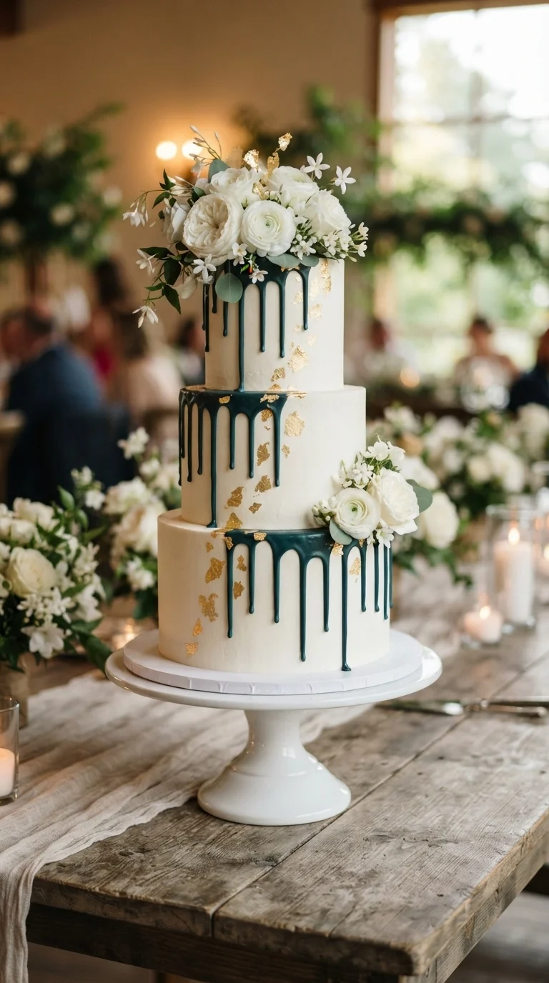 Teal Drip Wedding Cake with Gold Leaf