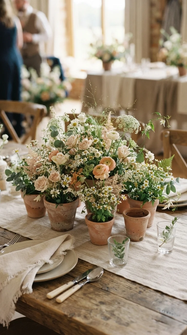 Terracotta Pots with Wildflower Centerpieces