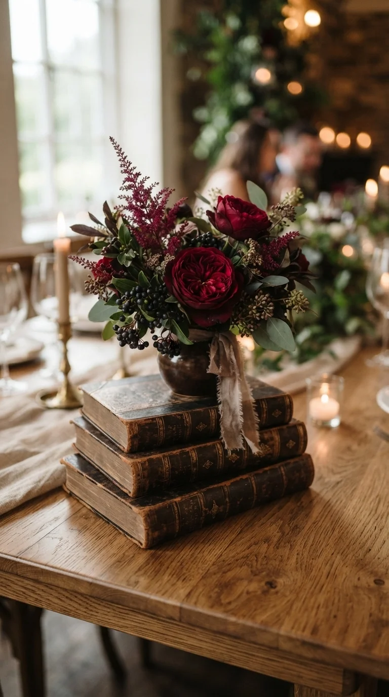 Vintage Book Stack with Deep Red Blooms